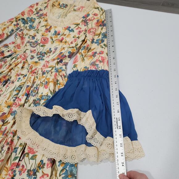 Vintage Floral Prairie Maxi Dress Small Medieval Full Skirt Bell Sleeves Cream - Picture 9 of 11